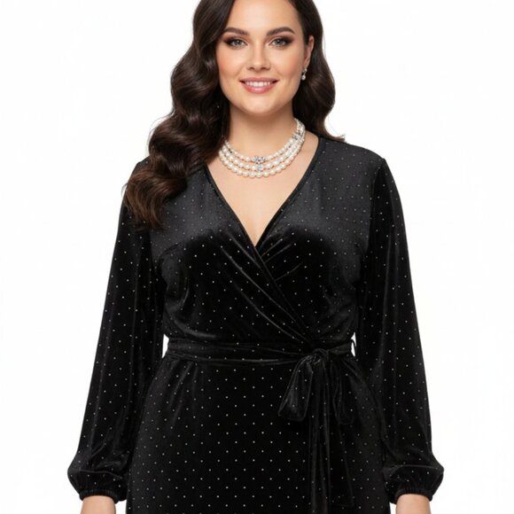 Nine West Dresses & Skirts - Nine West Plus Size 2X Black Velvet Faux Wrap Dress Silver Studs Tie Belt